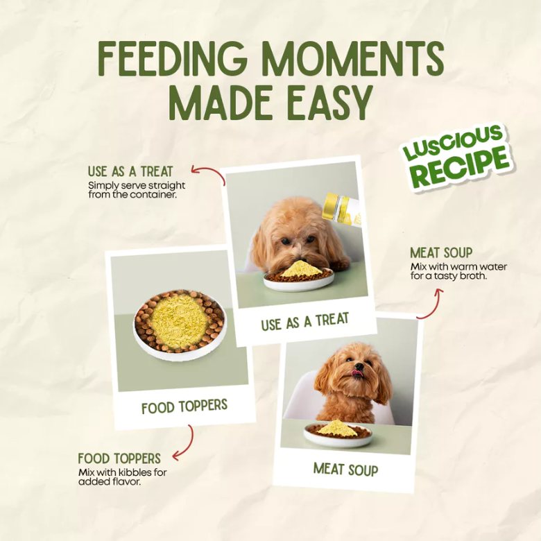 Dog trying a Luscious Recipe topper: treat, food topper and meat soup